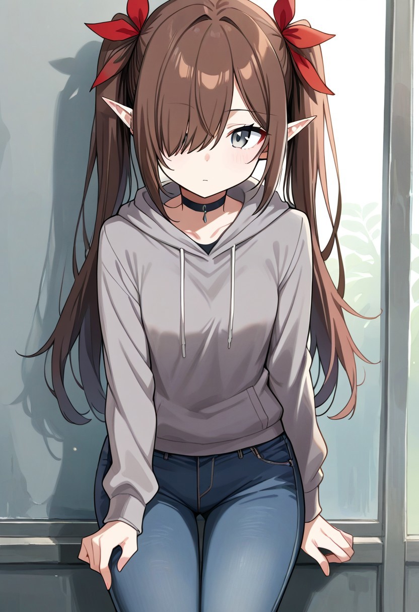score_9, k'ra, grey eyes, brown hair, twintails, red ribbons, grey hoodie, jeans, source_anime, ntm,