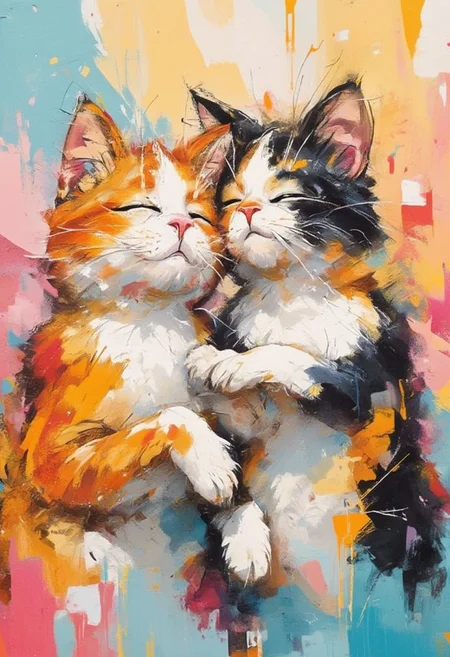 Create a vibrant and heartwarming drawing of two cats. One cat is gently hugging the other with its front paw, expressing a sense of love and tenderness. The cats' fur is detailed and colorful, showcasing realistic patterns and textures. Use shades like orange, white, and black to highlight their natural beauty. The background features soft pastel tones, adding warmth and depth without overwhelming the central figures.
The composition emphasizes the emotional connection between the cats, with their eyes gently closed or gazing affectionately. Fine lines and smooth gradients bring life and energy to the scene, while the colorful palette creates an inviting, cheerful atmosphere.