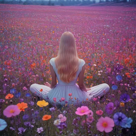<lora:60s_Psychedelic_MovieSDXL:1> ArsMovieStill, movie still from a 60s psychedelic movie, The image shows a young woman sitting in a field of colorful flowers. She is wearing a white dress and has long blonde hair. The field is filled with a variety of flowers in different colors including pink orange yellow blue and purple. The flowers are scattered throughout the field creating a beautiful and vibrant scene. The woman is facing away from the camera with her back to the viewer and her head is turned towards the horizon. The background is dark making the colors of the flowers stand out even more. The overall mood of the image is peaceful and serene., 1girl, long hair, flower, solo, dress, sitting, field, white dress, flower field, outdoors