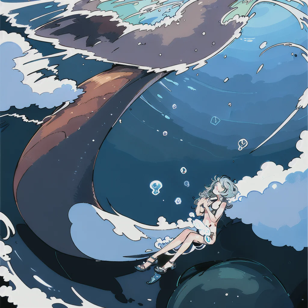 (highres, best quality, masterpiece:1.2), (realistic, photo-realistic:1.37), dark background,
(1girl, solo, full body:1.4), (slim girl:1.2), (slim legs:1.4), small breasts, low twintails, swimsuit, bikini, sandals, white hair, underwater, bubble, waves,