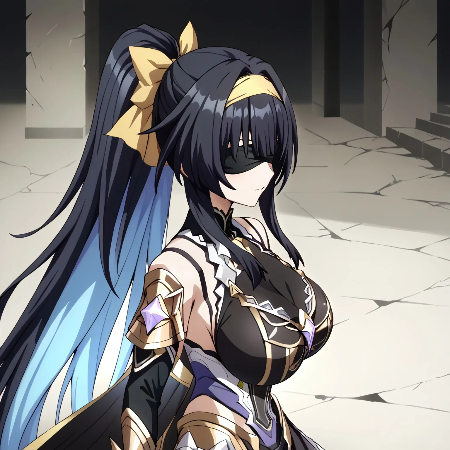safe_pos, (masterpiece), best quality, perfect eyes, expressive eyes, perfect face, expressive face, perfect hands, (((((detailed hair))))), (((perfect eyes))), perfect legs, (((1 Girl))), Cosette, (((long hair))), blue eyes, (huge breasts), Black hair, ((((ponytail)))), ((golden ribbon)), (golden hairband), (((hairband))), (((Hair ribbon))), (((large hair golden ribbon))), ((((Hair bow)))), ((((((ponytail)))))), colored inner hair, light blue hair, lihanna owenzaus, bangs, hairband, golden ribbon, hair intakes, golden hairband, najimi ajimu, long hair, bow, ribbon, very long hair, hair band, hair bow, yellow hairband, Raiden_Mei, Mei_Origin, RMei, Fol005, RM_Hoo, raiden mei, (black hair), ((armored black dress)), armored thighhighs, alternate black thighhighs, alt halterneck, (armored skirt), alternative open black skirt, alternate long skirt, two-tone skirt, crystal, colored inner hair, light blue hair, another black sleeves, alt shoulder straps, bare shoulders, alt armored sleeves, black armor, side cutout, alt armored gloves, alt black gloves, alt gold trim, black armored boots, alt armored boots, blindfold, black blindfold eyes hidden, covered eyes, ruins, view up close, view from above, view from side