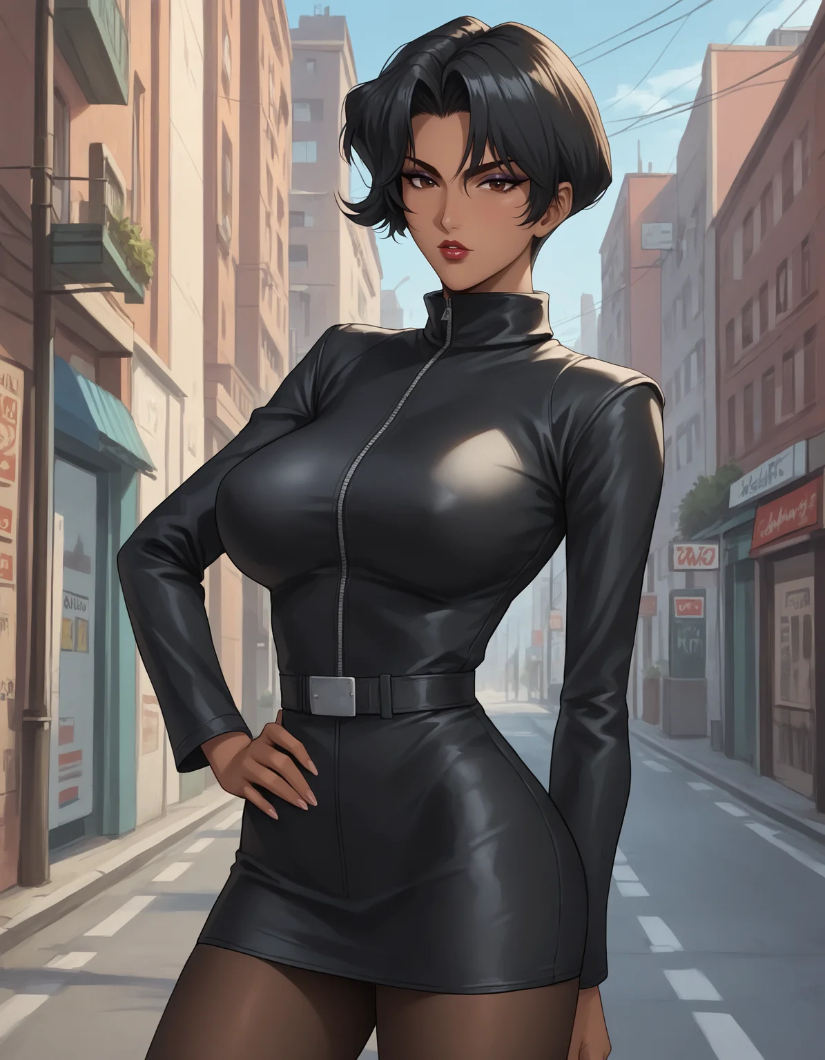 score_9, score_8_up, score_7_up, score_6_up, uncensored, BREAK
hayami ayuko, standing, hand on own hip, from side, cowboy shot, looking down,
dark-skinned female, 1girl, solo,
looking at viewer, parted lips, confident,
black hair, short hair, brown eyes, makeup, lips, lipstick,
black coat, black pantyhose, skirt, outwear,
thighs, large breasts,
indoors, city, street,
<lora:Hayami Ayuko3216PDXL:1>