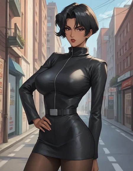 score_9, score_8_up, score_7_up, score_6_up, uncensored, BREAK
hayami ayuko, standing, hand on own hip, from side, cowboy shot, looking down, 
dark-skinned female, 1girl, solo, 
looking at viewer, parted lips, confident, 
black hair, short hair, brown eyes, makeup, lips, lipstick,
black coat, black pantyhose, skirt, outwear,
thighs, large breasts,  
indoors, city, street,
<lora:Hayami Ayuko3216PDXL:1>