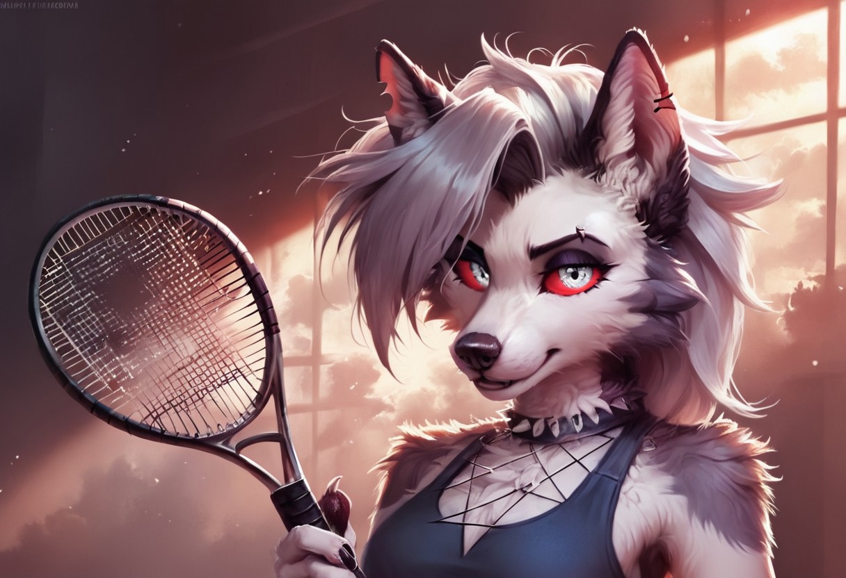 Score_9, loona, helluva_boss, furry, anthro, short hair, grey hair, animal ears, tail, dog girl, wolf girl, animal nose, dog tail, furry female, wolf tail, furry, wolf ears, dog ears, snout, two-tone fur, grey fur, furrification, makeup, fur, fur trim,  absurd res, red scelera, sharp focus, <lora:more_details:1.0> detailed background, volumetric lighting, detailed skin, detailed hair, extremely detailed, ultra 8k quality, silver eyes, high gradient eyes, medium breasts, flat color, dark theme, high definition eyes
Hyperrealistic, photorealistic, realistic, ultrarealistic, high definition, Fluffy, detailed fur, eyesHD, detailed_eye_model, highres, super high resolution, 8k, 
Mini skirt, sports bra, sports skirt, holding tennis racket, playing tennis,  tennis court,