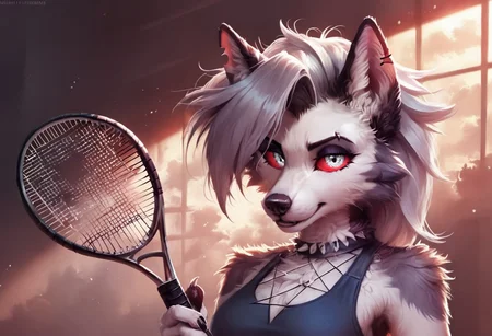 Score_9, loona, helluva_boss, furry, anthro, short hair, grey hair, animal ears, tail, dog girl, wolf girl, animal nose, dog tail, furry female, wolf tail, furry, wolf ears, dog ears, snout, two-tone fur, grey fur, furrification, makeup, fur, fur trim, absurd res, red scelera, sharp focus, <lora:more_details:1.0> detailed background, volumetric lighting, detailed skin, detailed hair, extremely detailed, ultra 8k quality, silver eyes, high gradient eyes, medium breasts, flat color, dark theme, high definition eyes
Hyperrealistic, photorealistic, realistic, ultrarealistic, high definition, Fluffy, detailed fur, eyesHD, detailed_eye_model, highres, super high resolution, 8k,
Mini skirt, sports bra, sports skirt, holding tennis racket, playing tennis, tennis court,