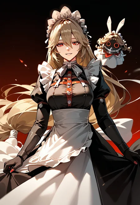 score_9,score_8_up,score_7_up,source_anime,ALEXANDRINA_SEBASTIANE,1girl,solo,long hair,breasts,looking at viewer,smile,bangs,blonde hair,brown hair,red eyes,gloves,long sleeves,dress,hair between eyes,very long hair,frills,parted lips,black gloves,puffy sleeves,apron,maid,maid headdress,juliet sleeves,red nails,puppet,
