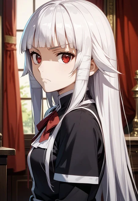 score_9,score_8_up,score_7_up,source_anime, Anri Hazeworth,1girl,solo,looking at viewer,long sleeves,dress,ribbon,closed mouth,upper body,short sleeves,sidelocks,indoors,blunt bangs,from side,red ribbon,neck ribbon,frown,layered sleeves,short over long sleeves,