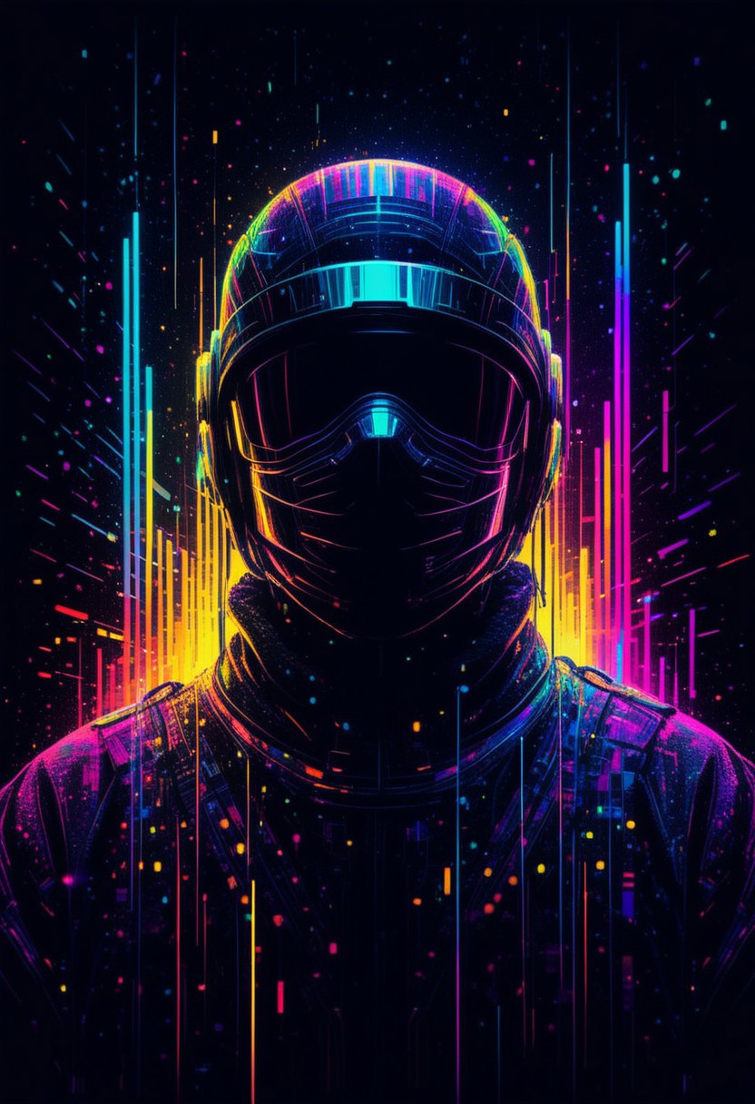 Illuminated ninja in the style of golden glitched rainbow. Snow is falling as holographic colored baroque geometric patterns float around the canvas in the style of colorful digital art. The image has a cyberpunk aesthetic with a glitchy distortion and psychedelic color palette. Black background, neon lights, glitch art, surrealism, high contrast, vibrant colors, psychedelic patterns, ethereal glow. The overall mood should be one of spiritual contemplation and otherworldly beauty. It's like something in the style of science fiction.