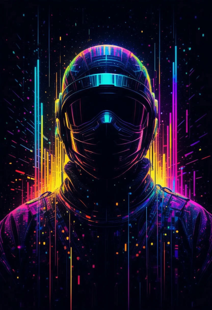 Illuminated ninja in the style of golden glitched rainbow. Snow is falling as holographic colored baroque geometric patterns float around the canvas in the style of colorful digital art. The image has a cyberpunk aesthetic with a glitchy distortion and psychedelic color palette. Black background, neon lights, glitch art, surrealism, high contrast, vibrant colors, psychedelic patterns, ethereal glow. The overall mood should be one of spiritual contemplation and otherworldly beauty. It's like something in the style of science fiction.