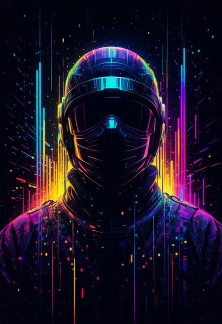 Illuminated ninja in the style of golden glitched rainbow. Snow is falling as holographic colored baroque geometric patterns float around the canvas in the style of colorful digital art. The image has a cyberpunk aesthetic with a glitchy distortion and psychedelic color palette. Black background, neon lights, glitch art, surrealism, high contrast, vibrant colors, psychedelic patterns, ethereal glow. The overall mood should be one of spiritual contemplation and otherworldly beauty. It's like something in the style of science fiction.