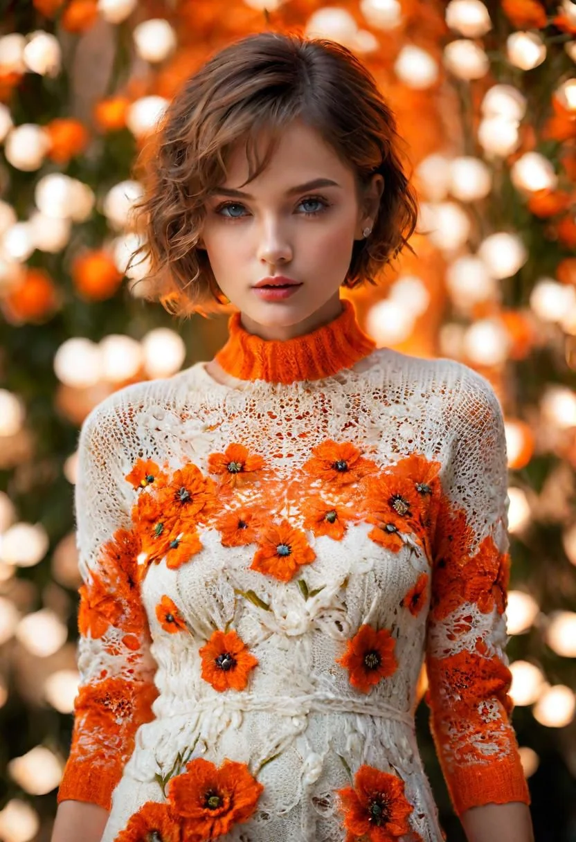 masterpiece, Best Quality, (1womanl), Ultra-detailed, finely detail, hight resolution, 8K picture quality, UHD, Perfect dynamic composition, Beautiful detailed eyes, Natural Lip, orange and white floral knitted dress, extra very short hair, Abstract background, bashfulness, neon lights diffused in background,