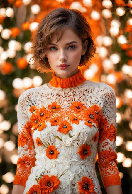 masterpiece, Best Quality, (1womanl), Ultra-detailed, finely detail, hight resolution, 8K picture quality, UHD, Perfect dynamic composition, Beautiful detailed eyes, Natural Lip, orange and white floral knitted dress, extra very short hair, Abstract background, bashfulness, neon lights diffused in background,