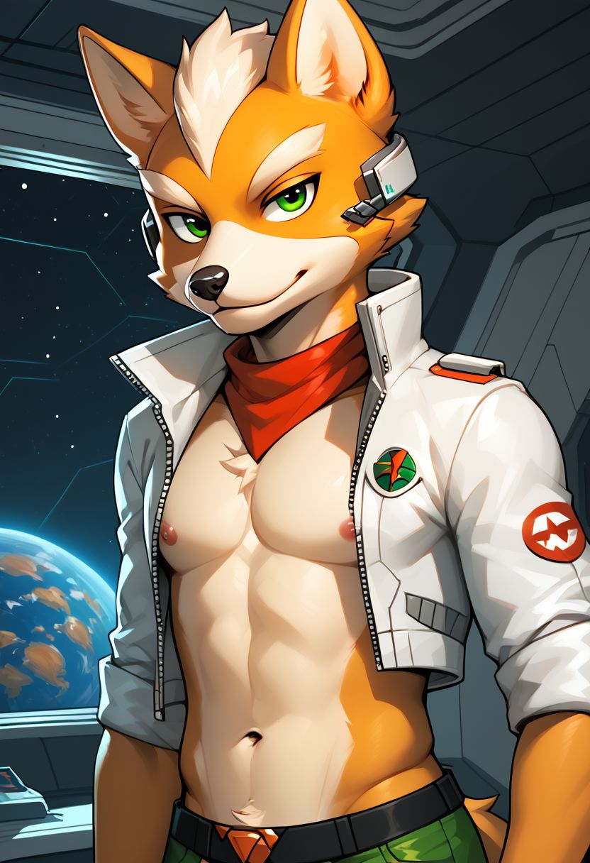 score_9, score_8_up, score_7_up, score_6_up, score_5_up, score_4_up, (Furry:1.1), (anthro:1.1), (sexy:1.2) Fox McCloud, spaceship, male, solo, midriff, (navel:1.1), green eyes, seductive look, source_furry
