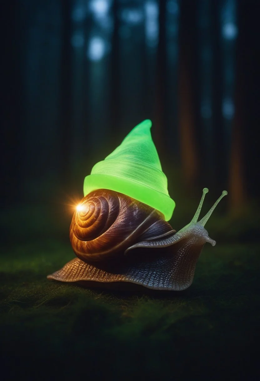 (snail with wizard hat googly eyes), eating candy, sharp  teeth, Close up, blurry background.
glowing tress, forest
zavy-flrscnc, fluorescent, fluorescent spraypaint,