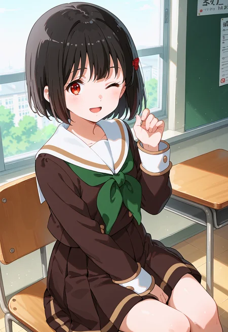 score_9, score_8_up, score_7_up, source_anime, rating_safe h_kanade, 1girl, solo, anime coloring, short hair, black hair, red hair bow, red eyes, white sailor collar, school uniform, brown shirt, green neckerchief, long sleeves, brown skirt, pleated skirt, sitting, school chair, one eye closed, light smile, open mouth, hand up, looking at viewer, from side, from above, classroom, window, <lora:h_kanade_pony-000007:0.9>