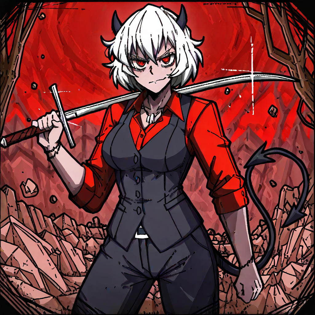 masterpiece, best quality, newest, absurdres, highres, mark_gavatino, mark gavatino style, KMV1.0, kriegsmesser, sword, curved sword,  holding, holding sword, holding weapon, 1girl, malina \(helltaker\), demon girl, short hair, white hair, horns, demon tail,