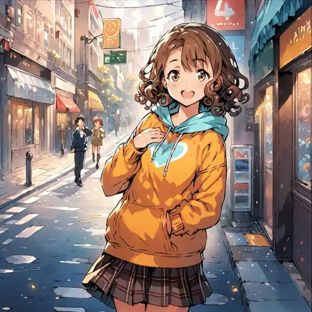 (best quality:0.8) perfect anime illustration, a pretty, happy woman with short curly brown hair on the street in the city, wearing a hoodie, skirt