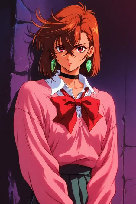 <lora:ayase_momo-koto-Illustrious v01:0.4> ayasemomo, hair between eyes, crossed bangs, green earrings, brown hair, red eyes, black choker, short hair, white shirt, red bowtie,pleated skirt,school uniform, pink cardigan, long sleeves, 1girl, solo, alone, <lora:dark_fantasy_anime_illustriousXL:1>, dark_fantasy_style, dark fantasy, retro, masterpiece, highres