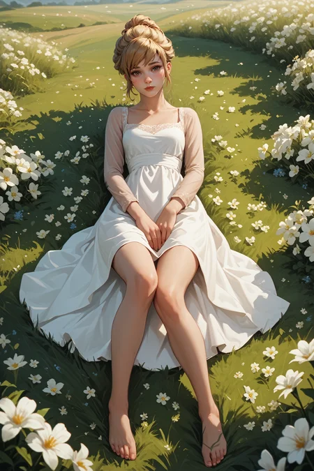 score_9, score_8_up, score_7_up, score_6_up
<lora:LISKate:0.8>
LISKate, 1girl, blonde hair, hazel eyes, hair updo, looking at viewer, lying down in a field of white flowers, dress, barefoot, looking at viewer, blushing
