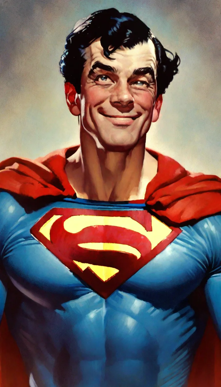 masterpiece, best quality, very aesthetic, absurdres, 1boy, solo, norman rockwell style, Superman, black hair, smile, muscular, broad shoulders, detailed face, half body, red cape, blue body suit