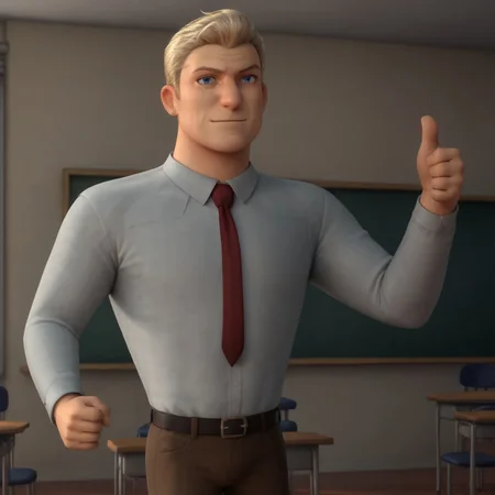 score_9, score_8, score_7, score_6_up, (sr-uhl, male, 1boy, blonde hair, blue eyes, white shirt, red tie, brown pants, belt,) thumbs up, classroom,