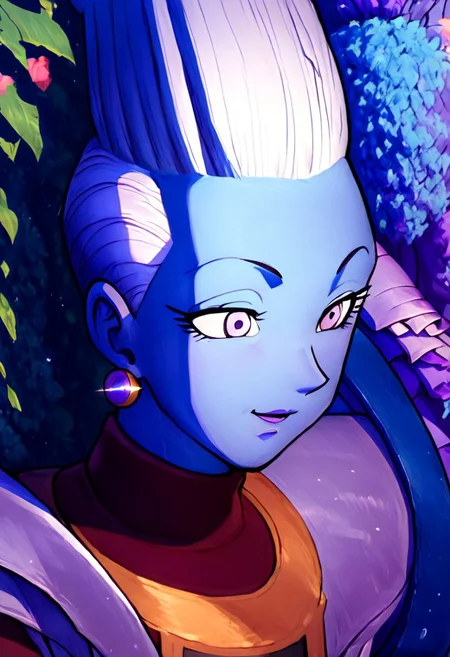 score_9_up, score_8_up, score_7_up, best_quality, Expressiveh, IBG, whis, blue skin, white hair, pointy hair, lavender eyes, purple lips, coy smile, lavender wedding dress, vibrant garden, alien world, vibrant bioluminescent fauna, dazzling moonlight,