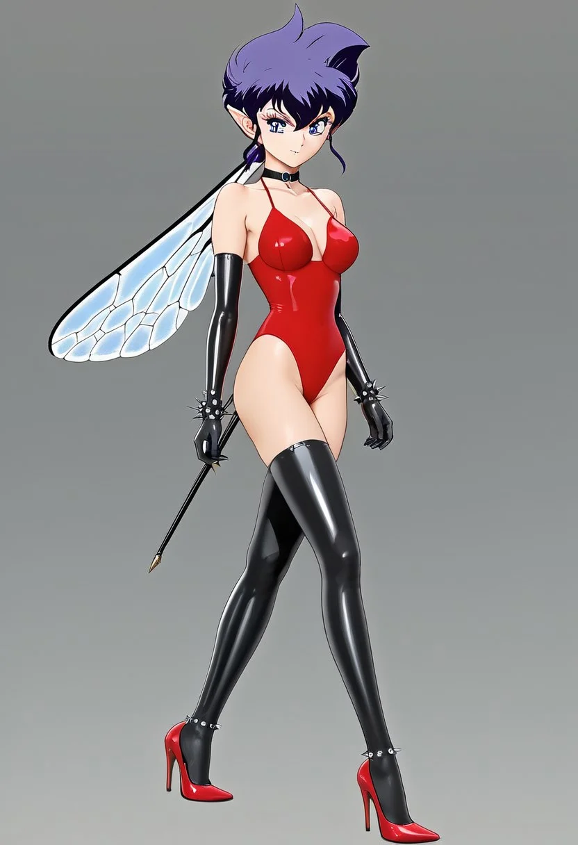 Retro art style, full body, miniature person, solo, Pamila, cute face, lenga sticking out, pointy ears, fairy, fairy wings, teardrop hairstyle, anti-gravity spike hairstyle, long sideburns, low ponytail, simple ponytail, long ponytail, multicolored hair, blue-gray hair, violet hair tips, violet eyes, highly detailed pupils, medium breasts, (red swimsuit, slingshot swimsuit, choker, choker, black latex gloves, elbow gloves, bracelet, spiked bracelet, black latex stockings, thigh-high stockings, red heels, ankle bracelet, spiked bracelets), standing, from behind, ass, hand on hip, turning to face viewer, blurred background, gradient background