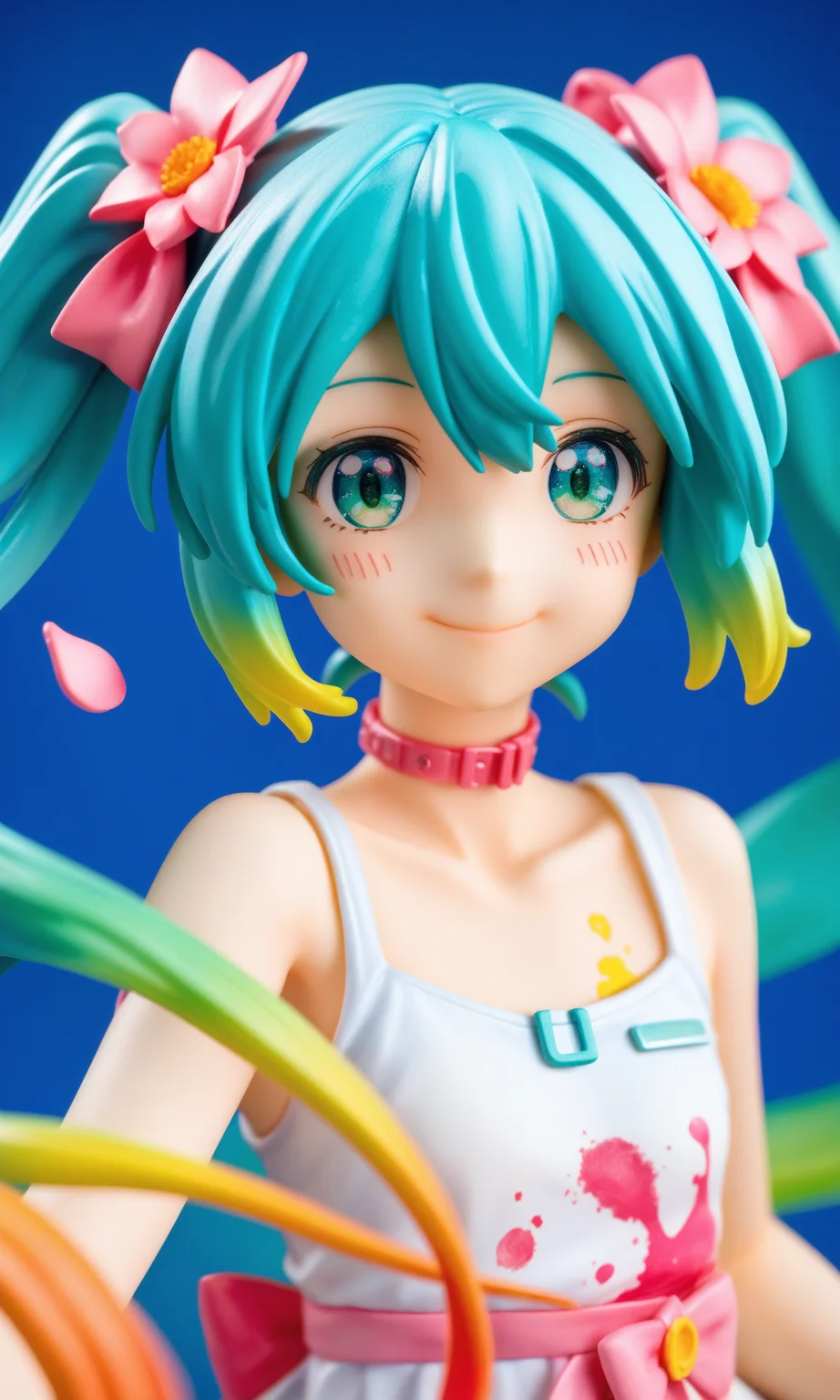 1girl, hatsune miku,
real world location, photo background, the real background, solo, choker, multicolored eyes, looking at viewer, green hair, multicolored hair, halftone, (liquid hair:1.1), (paint splatter:1.1), (floating hair:1.1), colorful, hair between eyes, bare shoulders, long hair, petals, hair ornament, collarbone, closed mouth, upper body, aqua hair, smile, twintails, flower, dress, blurry, green eyes, blush, depth of field, blue eyes, water drop, blurry background, gradient hair, halftone background,
A young girl with long green hair and a pink bow on her head. she is wearing a white tank top and has a big smile on her face. the background is filled with colorful splashes of blue, purple, yellow, and orange. there are also two small cartoon characters in the bottom right corner of the image. the overall style of the illustration is playful and whimsical.
score_9, score_8_up, score_7_up, source_anime