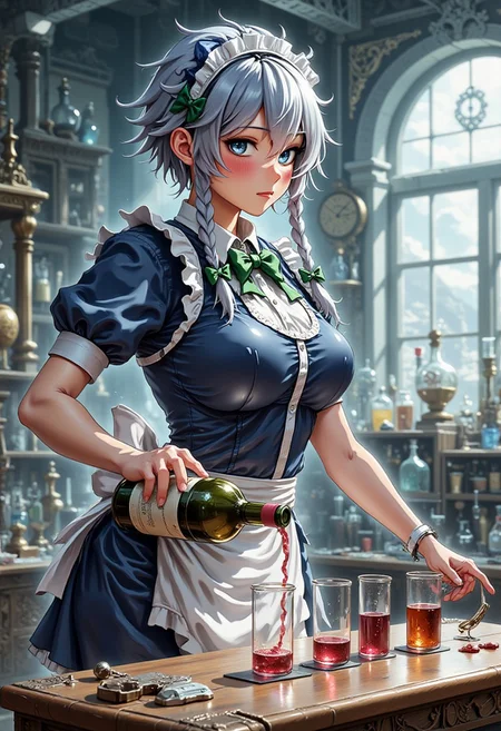 A masterpiece, ultrarealistic, natural colours of morning light, photorealistic scene, intricate interior of a laboratory, rich in detail, chemistry equipment in the background, a clock, (flat chest, lean, small-breasted, tiny tits, bustless, unbuxom, not clingy:2),
flat chested Izayoi Sakuya with concentrated face is leaning over table, holds a wine bottle and pours wine into a row of steaming test tubes lined on the table, beautiful face with no make-up, petite, slim, slender, short silver hair, twin braids, green bows, green bowtie, practical comfortable blue maid uniform, mid dress, maid headdress, detached collar, white apron, pocket watch, 
<lora:Hand v2:1.1> Detailed hand, Hand, Perfect hand, 
<lora:best_of_flux_v30_rank64_bf16-step01750:1> best_of,