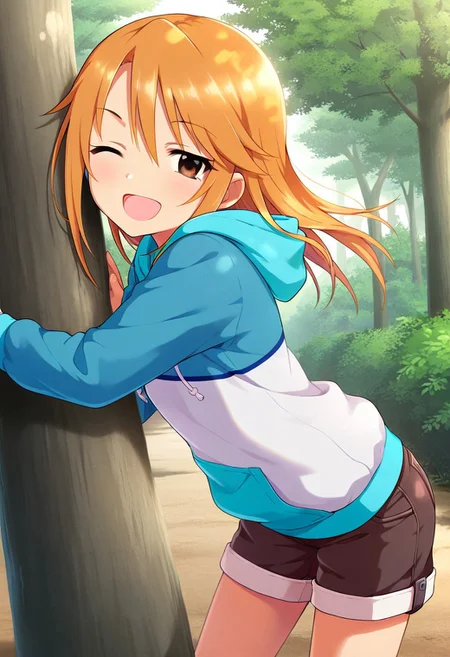 masterpiece,best quality,amazing quality, yuuki haru, orange hair, brown eyes, 1girl, one eye closed, solo, shorts, smile, long hair, open mouth, hoodie, hood, ;d, tree