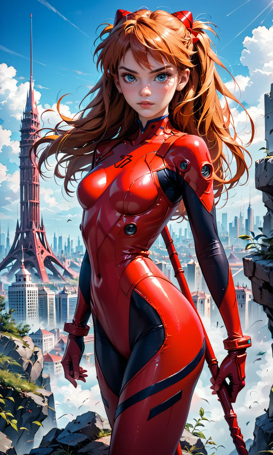 4n1v3rs3, score_9, score_8_up, score_7_up,  holding The spear of Longinus,
Asuka Langley Soryu, red plugsuit, dynamic battle-ready pose,  intense expression, cityscape background, high detail, photorealistic, vibrant colors
pixar 3d,