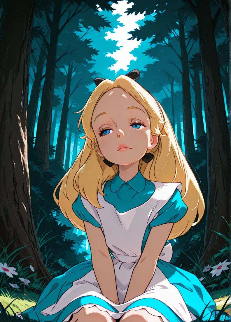 masterpiece, best quality, amazing quality, very aesthetic, absurdres, newest, 4k, 8k, dynamic angle, official style, (jaggy lines, sugimorixd:1.2), outdoors, forest, flowers, grass, sitting, looking at viewer,
alicexd, 1girl, solo, blonde hair, long hair, hairbow, blue dress, white apron, bow, white thighs, lips, blue eyes,
closed eyes,
<lora:Expression_Detailer_Illustrious_Lora:0.85>, <lora:sugimoi:1>, <lora:Alice_-_Disney_Illustrious:1>