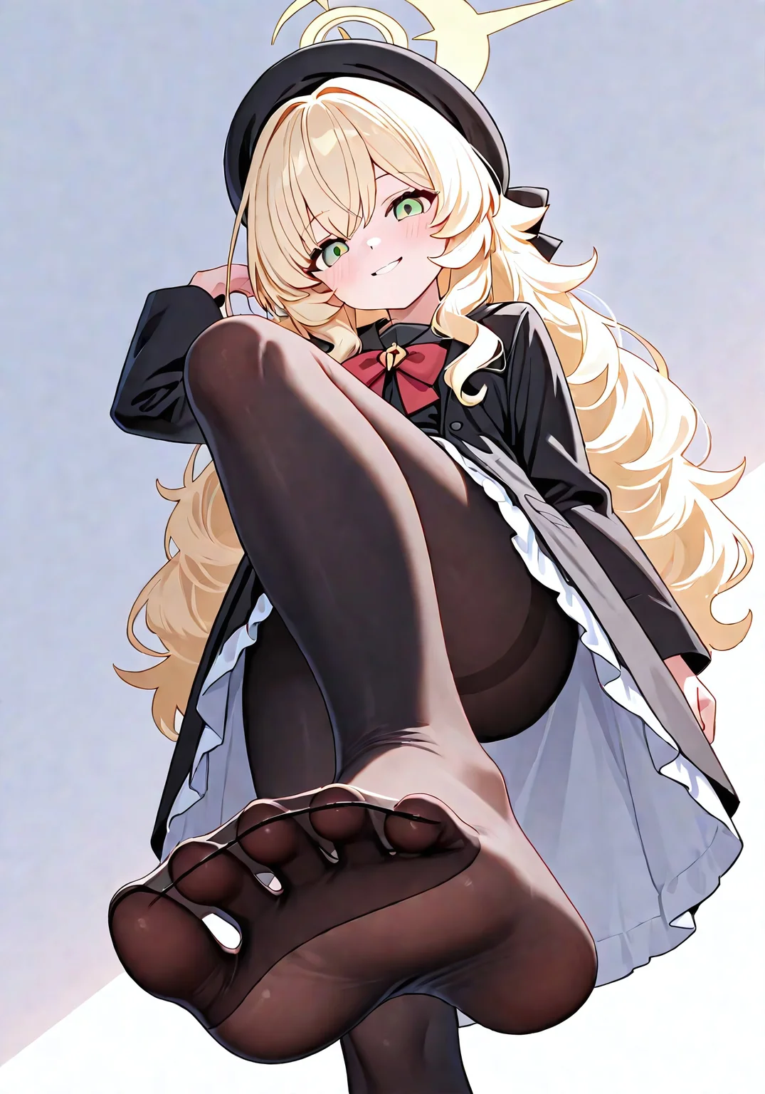 (best quality,8K, masterpiece:1.3),anime,very aesthetic, absurdres,featured ,finely detail,((extremely detailed,8k wallpaper)),illustration,Amazing,highres,intricate detail,female focus, (beautiful detailed girl),dynamic pose, delicate facial features, soft lighting, clean lineart, anime style,
white background,simple background,look at viewer,ahoge,foot worship,from below,foot focus,spread toes,soles,seductive smile,dynamic pose, foreshortening, extreme perspective,arrogant,
1girl,(solo),professor niyaniya (blue archive),(black dress,beret,double-parted bangs,long sleeves,red bow,sidelocks,black pantyhose,emerald green eyes,blonde hair,yellow halo:1.3)