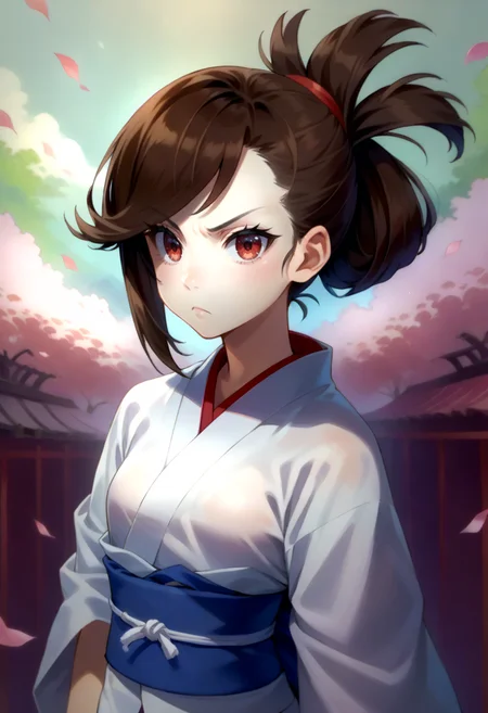 score_9, score_7_up, source_anime, BREAK  <lora:Taiki Dendro:0.9> taiki, art,  japanese clothes,, solo, frown,
1girl, red eyes, tsurime, brown hair, medium hair, asymmetrical bangs, swept bangs, flipped hair, folded ponytail, small breasts,