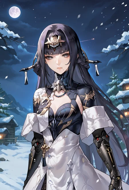 score_9, score_7_up, source_anime, BREAK <lora:Qu-Shukra:0.8> Shukra, gray eyes, multicolored hair, black hair, lavender hair, mole under mouth, headgear, dress, mechanical arm,
night sky, snow, <lora:Ban!_(bansankan)_PonyXL_style_v01:1>