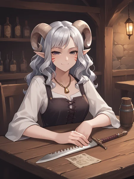 sword_breaker:1.4, weapon on table, tavern, weapon focused,
source_furry, score_7_up, rating_safe, source_anime,anime face,<lora:whisker_markings:0.8>red whisker_markings, silver long wavy hair, bell necklace, short pointy ears, purple eyes, <lora:age_slider_v4:0.6>
<lora:Smooth Style 2 SDXL_LoRA_Pony Diffusion V6 XL:0.3> smile, open eyes,
<lora:Test_Diana:0.8> tiefling_bard_diana:1.2, <lora:sword_breaker_r1:1.67>