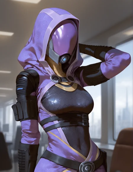 <lora:tali'zorah_noobv11eps_v1:1> masterpiece, best quality, detailed shaded, (2024:1.2), (photorealistic:1.2), (real life:1.2), detailed background,
thebigslick, oouna, honovy, gustave dore, wayne barlowe, (mariart:0.7), colorful, colorful theme, BREAK, (tali'zorah, quarian:1.2), bioware, electronic arts, mass effect, alien, alien humanoid, humanoid, 3 fingers, belt, biped, black clothing, bodysuit, breasts, clothing, female, fingers, front view, furniture, hand behind head, hood, inside, mask, (medium breasts:1.1), pose, purple clothing, skinsuit, solo, standing, tight clothing, detailed background, scenery, inside, blurry background, spacecraft interior, eyeless, pose, pinup, (upper body, close-up:1.2), (big breasts:0.6), from side, glistening, glistening clothing,âââ