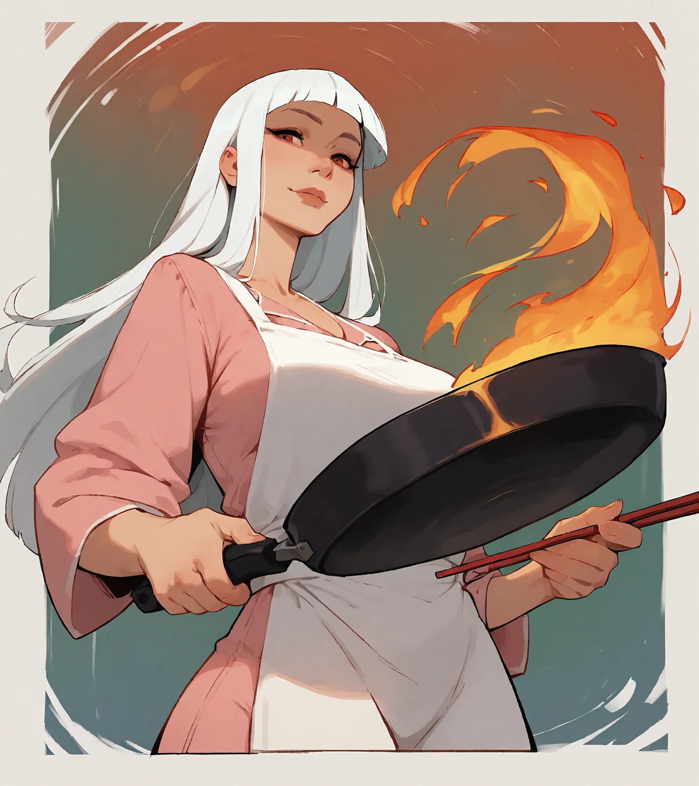 stylized, 1girl, solo, mature female, long hair, white hair, hime cut, looking at viewer, light smile, pajamas, white apron, holding frying pan, cooking, frying pan, flipping food, fire, chopsticks, from below, cropped torso, abstract background