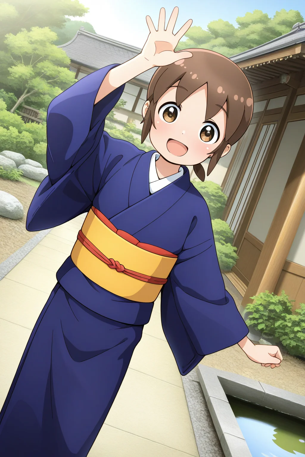 masterpiece, best quality, amazing quality, absurdres, solo, sekioriko, smile, short, small, open mouth, arm up, waving, dutch angle, looking at viewer, short brown hair, blue kimono, yellow obi, outdoors, ryokan, garden, east asian architecture, pond