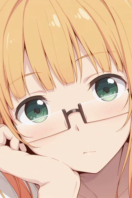 masterpiece, best quality, amazing quality,
<lora:Mitsuki_IL:1> mitsuki, solo, 1girl, glasses, green eyes, blonde hair, looking at viewer, bangs, close-up, head rest,