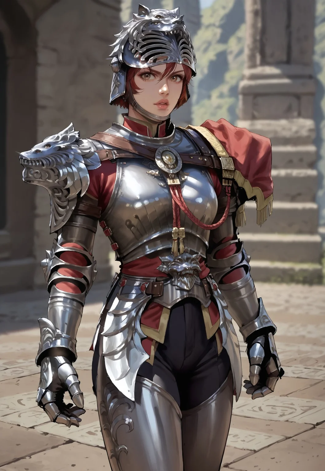 Score_9_up, score_8_up, score_7_up, source_realistic, BREAK 1girl, solo, scfourhilde, short hair, red hair, lips, mole, helmet, breastplate, armor, gauntlets, asymmetrical shoulder armor, greaves,