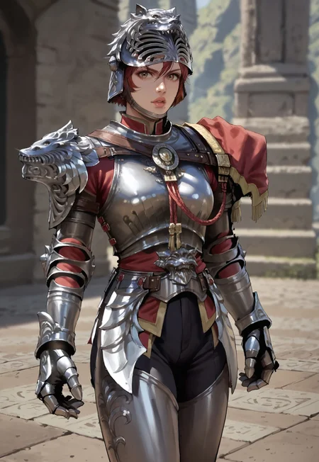 Score_9_up, score_8_up, score_7_up, source_realistic, BREAK 1girl, solo, scfourhilde, short hair, red hair, lips, mole, helmet, breastplate, armor, gauntlets, asymmetrical shoulder armor, greaves,