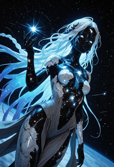 highres, very detailed, amazing quality, masterpiece,
very aesthetic, sp4ce-g0dd3ss
particle effect,
1girl, solo, beautiful eyes, goddess, goddes of constellations, black skin, sparkly skin, glitter on skin, iridescent hair, glowing hair, very long braids, strong face, solo, eyes with galaxies, cosmos eyes, Covered in Tattoos, geometric tattoos, white tattoos, small breasts, curvy, grey robe with pearlescent trim,
BREAK,
greek theme, goddess theme, universe theme,
extending hand, holding space craft in hand, holding miniature space craft in hand,
foreshortening, dutch angle,
thoughtful look, pondering,
in cosmos, universe, endless stars around her, galaxies, comets, nebulae