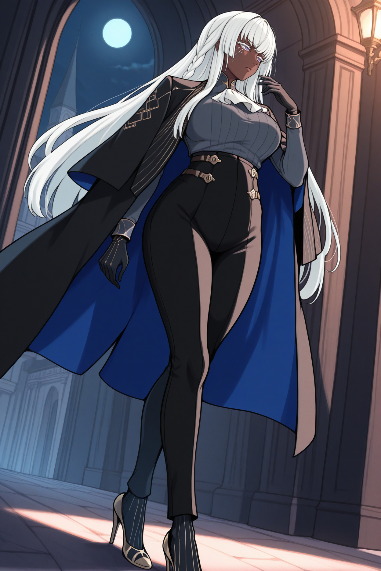 masterpiece, best quality, 1girl, solo,  <lora:brigitta-illu-nvwls-v1-000005:1> brigitta, white hair, white eyelashes, braid, long hair, grey eyes, dark-skinned female, facial mark, large breasts, black coat, coat on shoulders, grey shirt, ribbed shirt, white ascot, black pants, high-waist pants, black gloves, high heels, full body, night, walking, dutch angle, serious, hand up, victorian architecture, black socks, looking to the side
