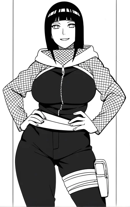 score_9,score_8_up,score_7_up, 
BlackAndWhite_NarutoManga_ownwaifu, (monochrome), 
1girl, hyuuga hinata, smile, forehead protector, konohagakure symbol, hood, pants, looking at viewer, large breasts, long hair, long sleeves, fishnets, blunt bangs, thigh pouch, 
 (contrapposto, hand on hip),
<lora:PONYXL_NarutoMangaColored_ownwaifu:0.95>,
