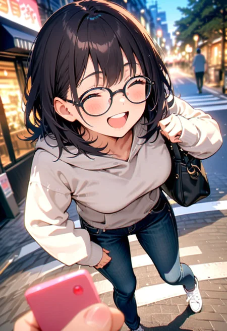 masterpiece, best quality, very aesthetic, absurdres,
1girl, solo, glasses, black hair, medium hair, medium breasts, casual style, jeans, t-shirts, sneakers, hoodies, simple accessories, comfortable clothing, bag, happy, laughing, looking at viewer,
remote controller, remote control, holding, pov, street, city lights, cityscape, lamppost,
<lora:remocon_SDXL_V2:0.8>