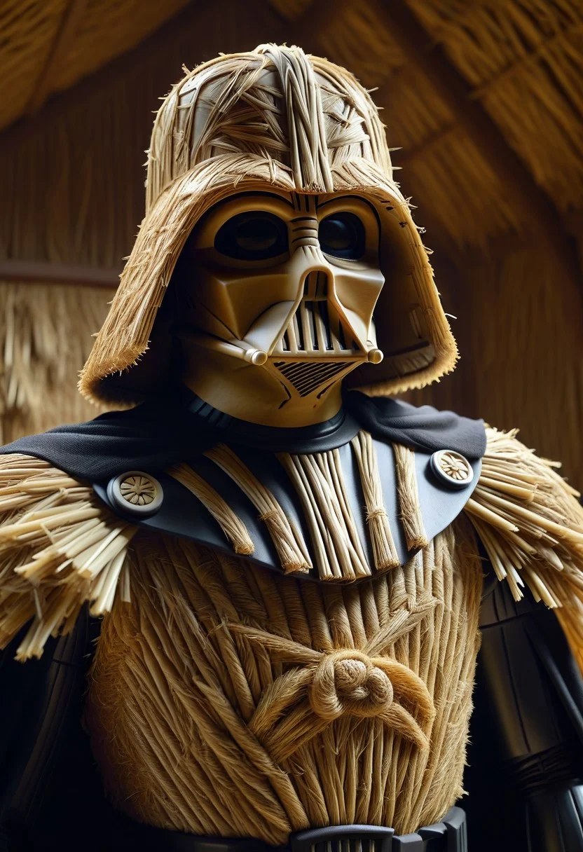 (made of straw:1.3), Straw Darth Vader, barn, straw, looking at viewer cinematic, cinematic lighting, (masterpiece, best quality:1.4), ultra-high res, 4k, insanely detailed, sfw,