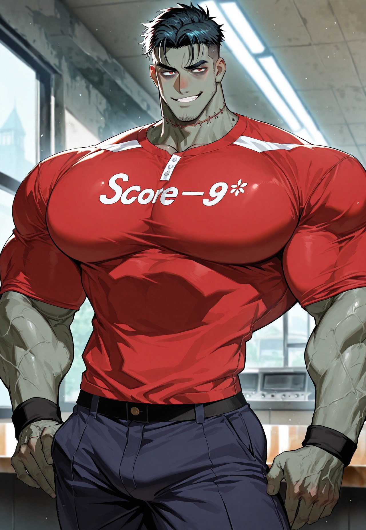 score_9,score_8_up,score_7_up, score_9, score_8_up, Intricate Details, Masterpiece, Best Quality, 1man, mature, bara, solo, male focus, correct anatomy, perfect hands, stylized seinen anime style, lots of details, shaded, detailed shading, detailed skin, counter shading, handsome, hyper-muscular, massive pecs, tiny waist, zombie, smug
