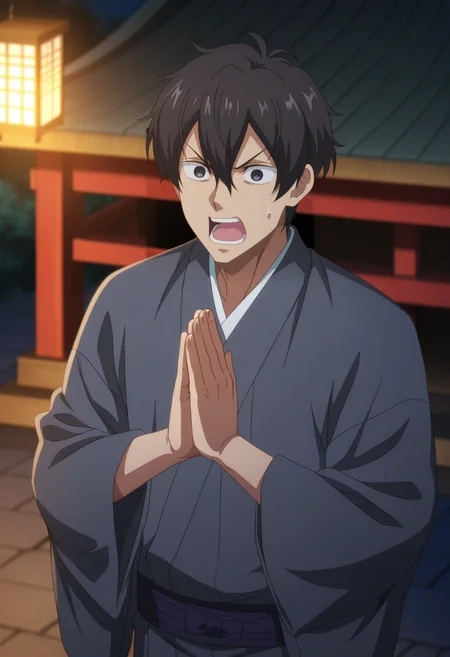 masterpiece, best quality, amazing quality,high resolution,intricate details,official style,depth of field anime coloring,anime screencap , , , 1boy, solo, male focus,  <lora:Leon_Fou_Bartfort:0.77>,leon fou batfort,black eyes,black hair,short hair,open mouth, long sleeves, hair between eyes, teeth, Japanese clothes, sweatdrop,exaggerated expression, wide sleeves, kimono, v-shaped eyebrows, parody, palms together, grey kimono,lantern,shrine,outdoors,night,offerings boxes,from above