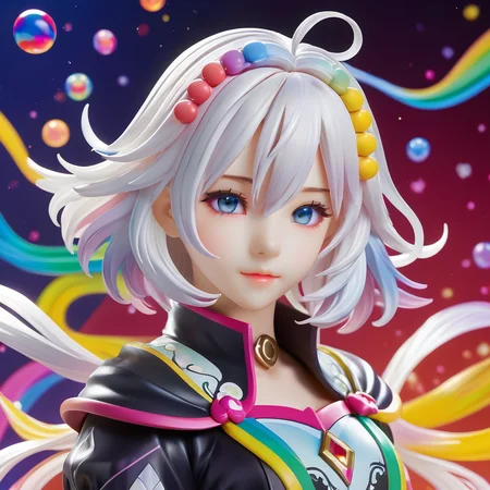 <lora:PVC:1>ï¼PVC figure,rendering, (((masterpiece))),(((best quality))),((ultra-detailed)),(dynamic angle), ((floating)),(paint),((disheveled hair)), (solo),(1girl), l(((detailed anima face))),((beautiful detailed face)),collar,bare shoulders, white hair, ((colorful hair)),((streaked hair)), beautiful detailed eyes,(Gradient color eyes),(((colorful eyes))),closed-up, (((colorful background))),(((high saturation))),(((surrounded by colorful splashes))),(((surrounded by colorful dot))),colorful bubble,((shining)) , ((young,little girl,cute,little girl face))